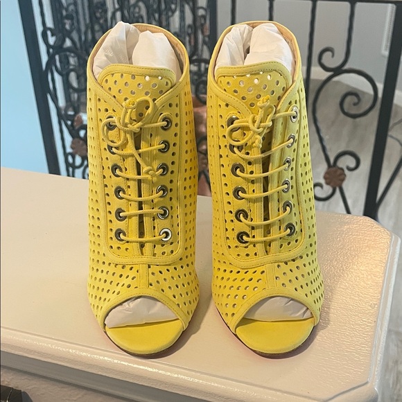 Christian Louboutin Yellow Perforated Lace-Up Peep-Toe Stiletto Booties - Picture 2 of 8